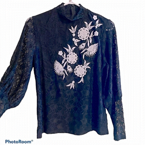 TOPSHOP Lace Blouse. Beaded front, lace puffed sleeve.